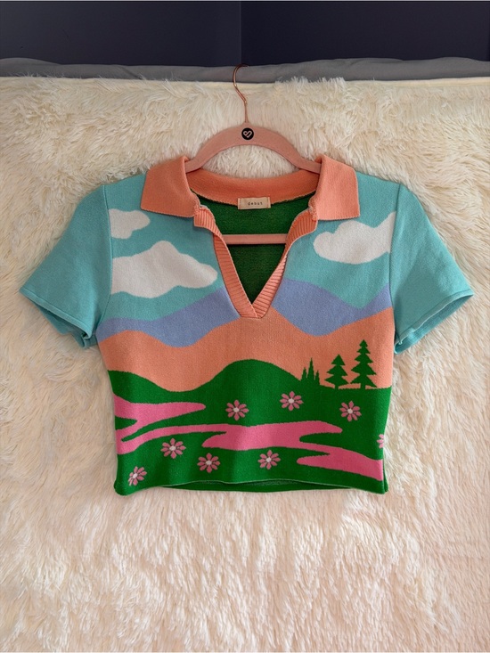 debut Tops - Debut Womens Meadow Print Cropped Sweater Size M/L Cottagecore Collared V-Neck